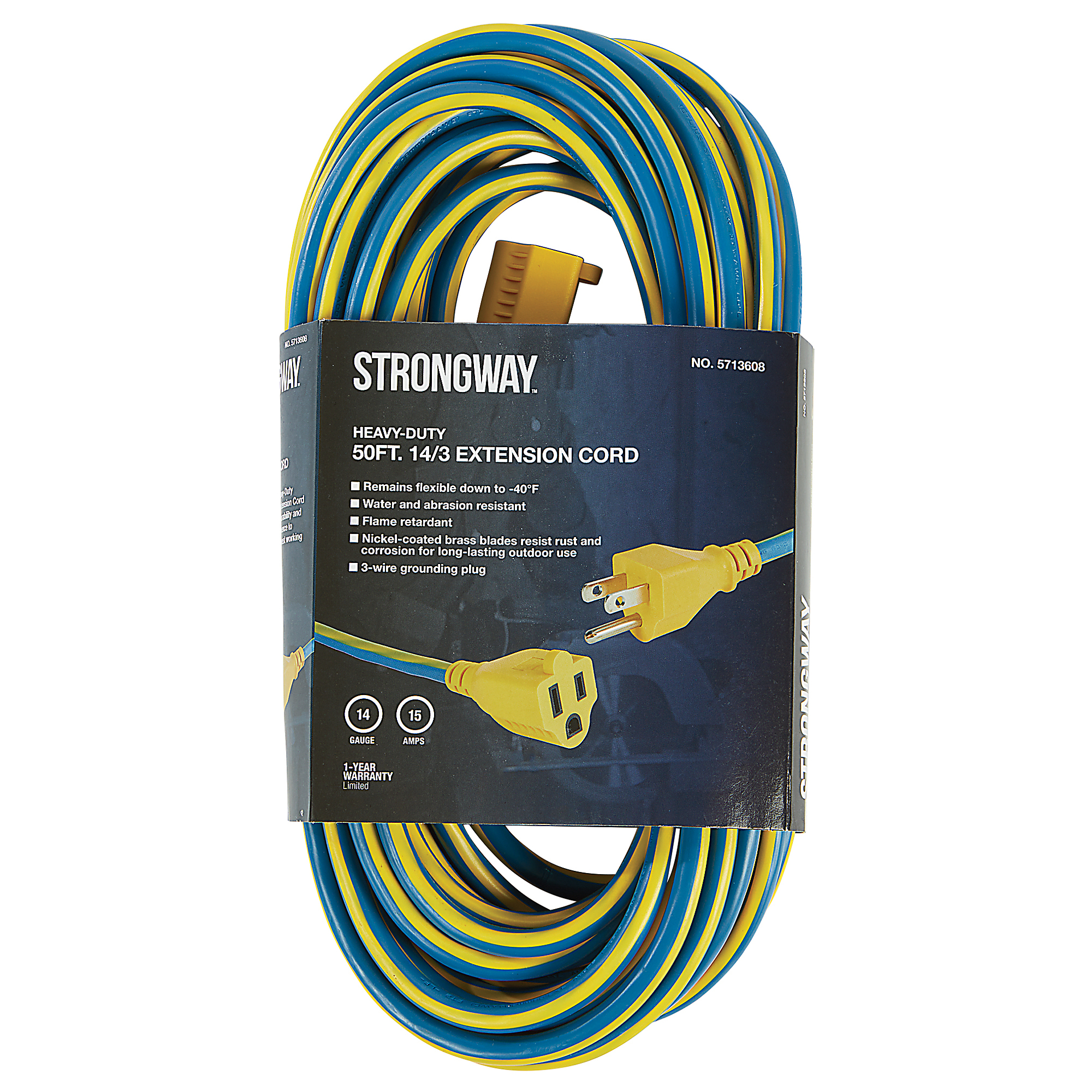 Strongway Outdoor Extension Cord, 14/3 Gauge, 3-Prong Grounded Plug, Heavy Duty, Blue/Yellow